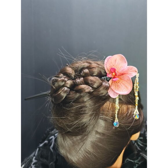 Unique Handmade Glass Beaded & Polymer Clay Asian Inspired Pink Orchid Hair Stic - Picture 3 of 7